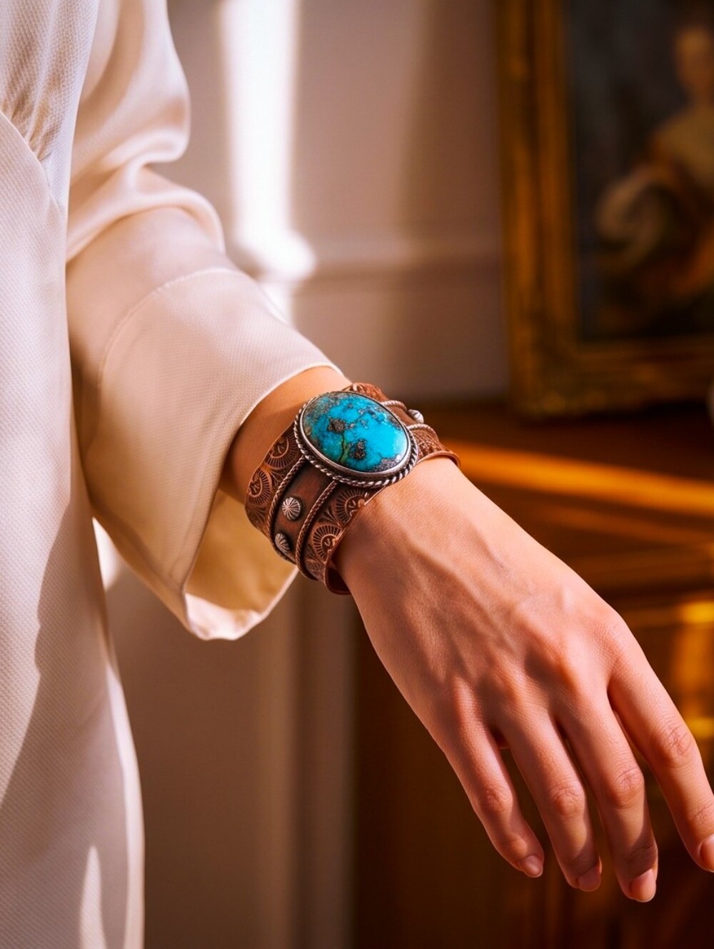Handcrafted Turquoise Copper Cuff Bracelet - Women Jewelry - Picture 2 of 4